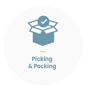 icon of checkmark in cardboard box with text "picking & packing"