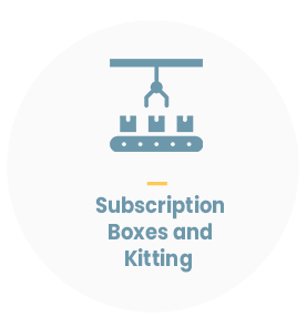 icons of conveyor belt with boxes with text "subscription boxes and kitting"